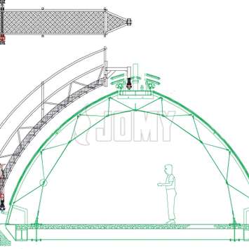 CAD-plan van een draaiende aluminiumstructuur voor het onderhoud van een glazen koepel. CAD-plan van een draaiende aluminiumstructuur voor het onderhoud van een glazen koepel - Building Maintenance Unit